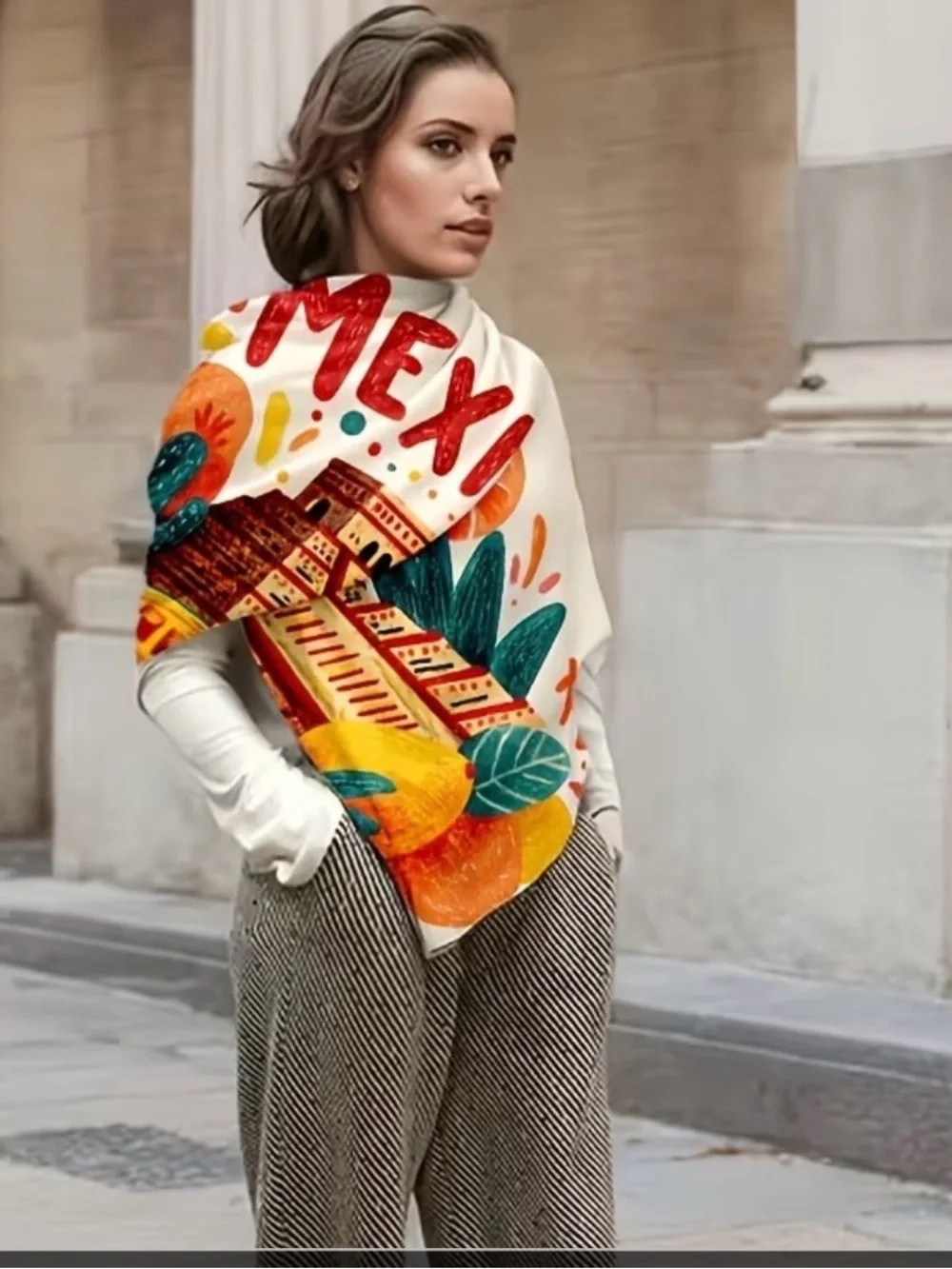 Silk-Feel Mexico Print Head Scarf - White Multi